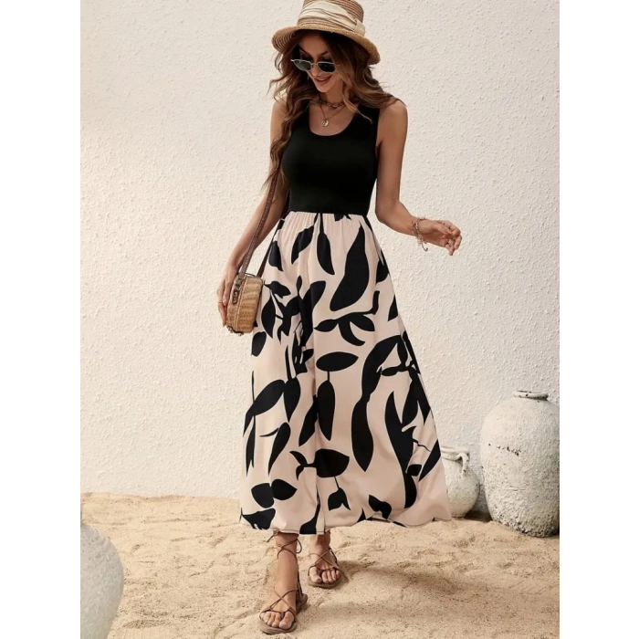 Kadın Askılı Yuvarlak Yaka üst Viskon Alt Desenli Uzun Süprem Elbise