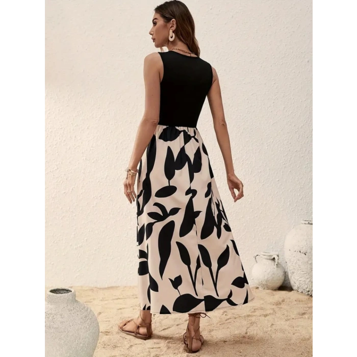 Kadın Askılı Yuvarlak Yaka üst Viskon Alt Desenli Uzun Süprem Elbise