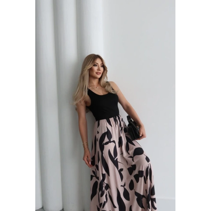 Kadın Askılı Yuvarlak Yaka üst Viskon Alt Desenli Uzun Süprem Elbise