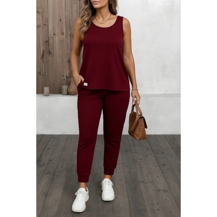 Kadın Askılı Yuvarlak Yaka Viskon Iki Iplik Bluz Ve Eşofman Altı Ikili Takım