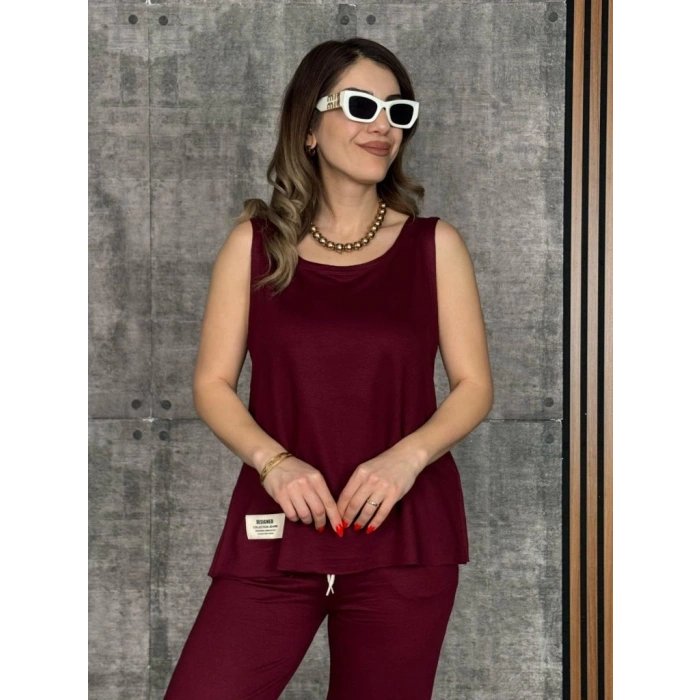 Kadın Askılı Yuvarlak Yaka Viskon Iki Iplik Bluz Ve Eşofman Altı Ikili Takım