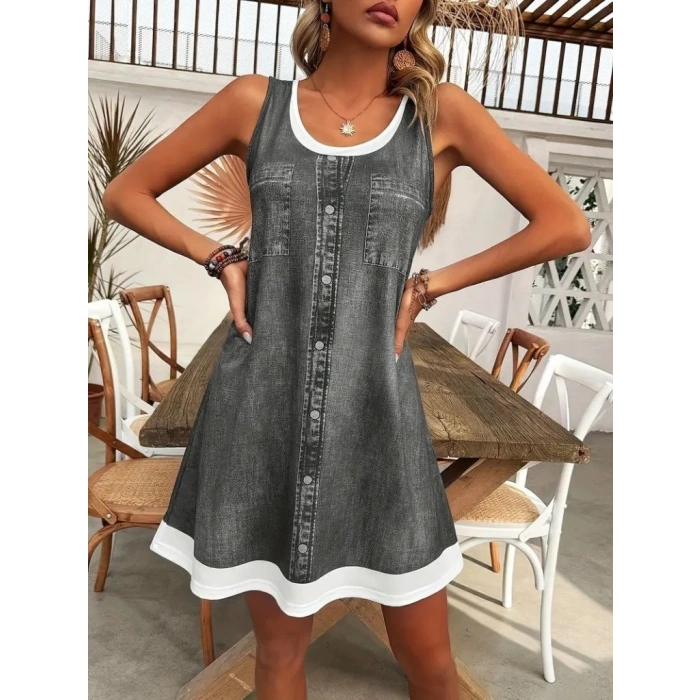 Kadın Askılı Yuvarlak Yakalı Kot Görünümlü Kısa Süprem Elbise