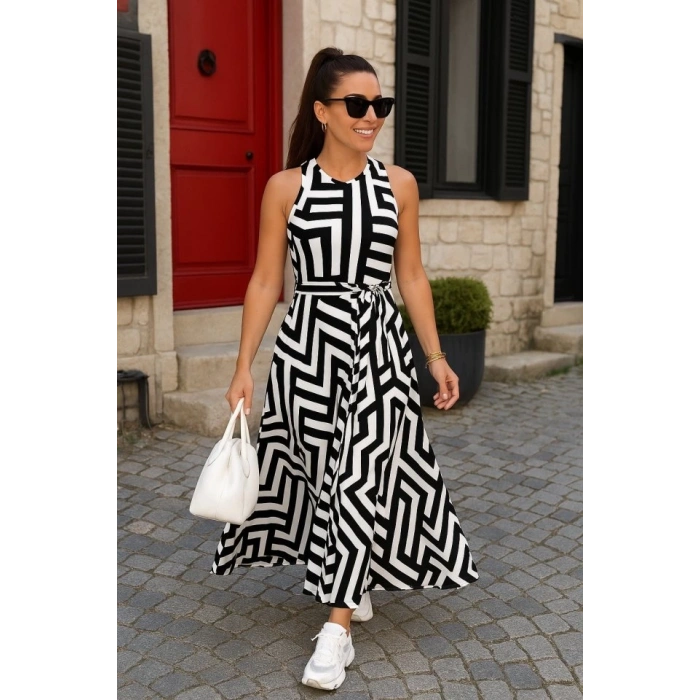 Kadın Ayarlanabilir Askılı Geometrik Desen Kuşaklı Gipeli Süprem Elbise