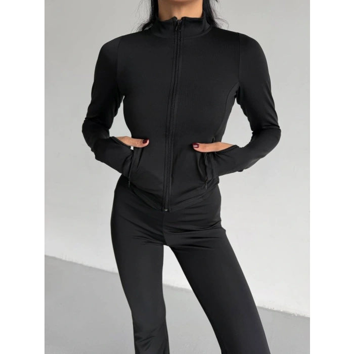 Kadın Balıkçı Yaka Cep Detaylı Ceket Ve Ispanyol Paça Spor Ikili Takım