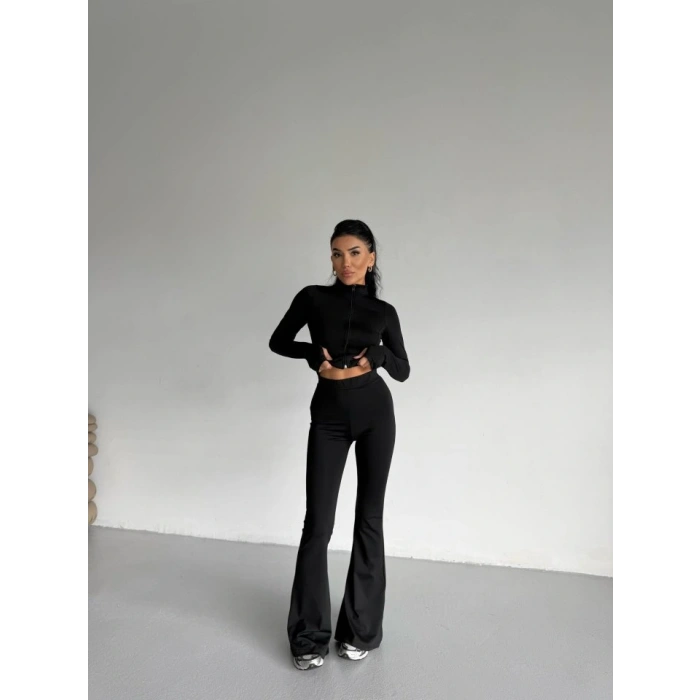 Kadın Balıkçı Yaka Cep Detaylı Ceket Ve Ispanyol Paça Spor Ikili Takım