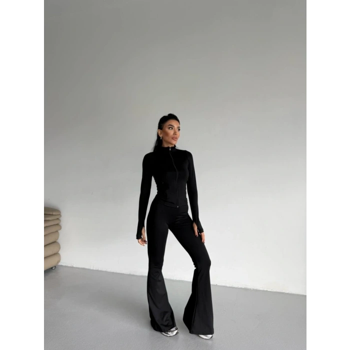 Kadın Balıkçı Yaka Cep Detaylı Ceket Ve Ispanyol Paça Spor Ikili Takım