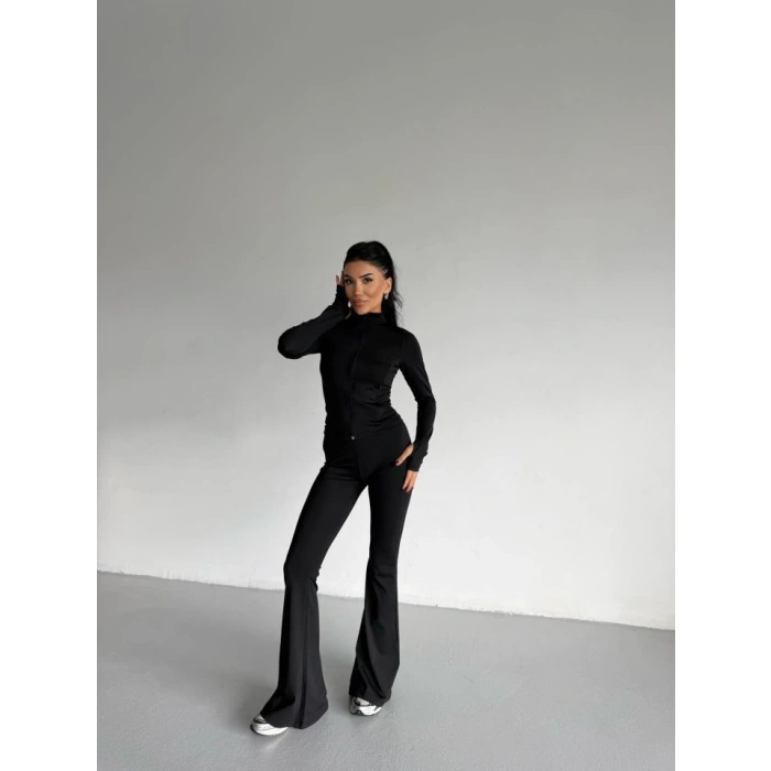 Kadın Balıkçı Yaka Cep Detaylı Ceket Ve Ispanyol Paça Spor Ikili Takım