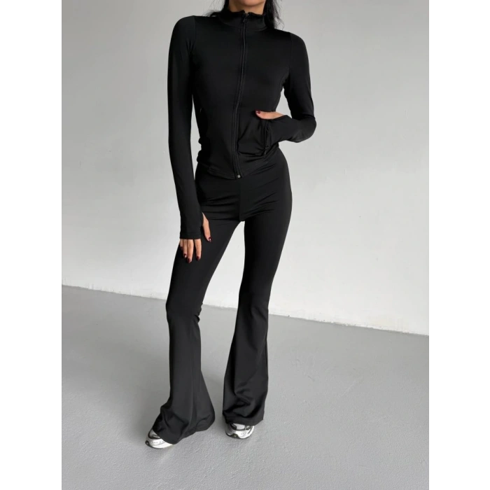 Kadın Balıkçı Yaka Cep Detaylı Ceket Ve Ispanyol Paça Spor Ikili Takım