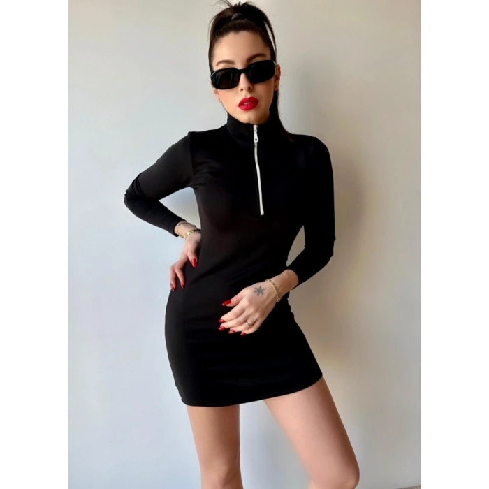 Kadın Balıkçı Yaka Fermuar Detay Mini Elbise