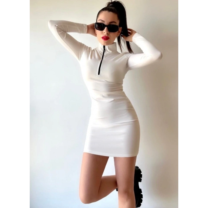 Kadın Balıkçı Yaka Fermuar Detay Mini Elbise