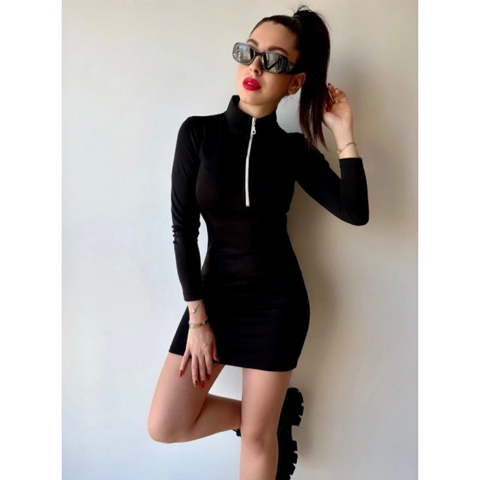 Kadın Balıkçı Yaka Fermuar Detay Mini Elbise