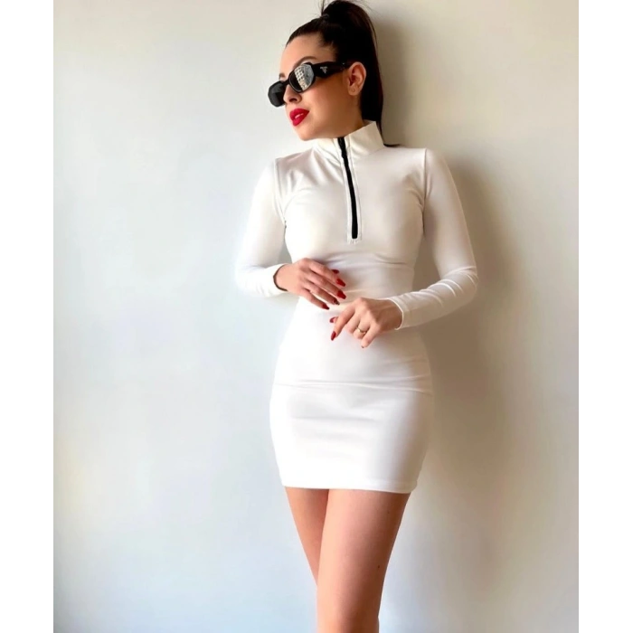 Kadın Balıkçı Yaka Fermuar Detay Mini Elbise