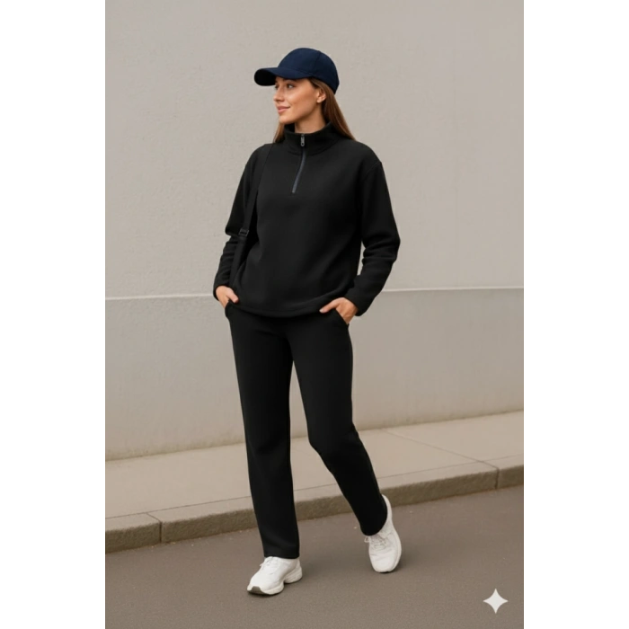 Kadın Balıkçı Yaka Fermuar Detay Polar Sweat Ve Pantolon Ikili Takım