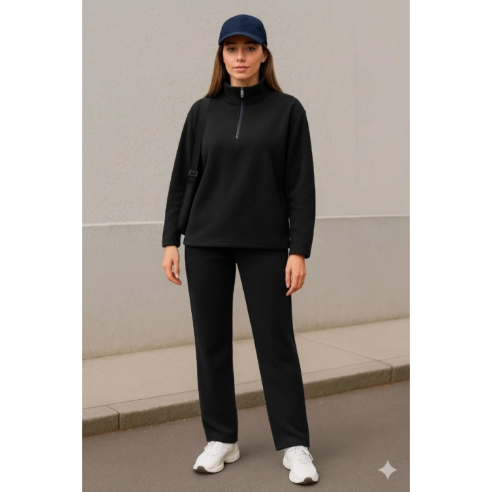 Kadın Balıkçı Yaka Fermuar Detay Polar Sweat Ve Pantolon Ikili Takım