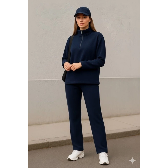 Kadın Balıkçı Yaka Fermuar Detay Polar Sweat Ve Pantolon Ikili Takım