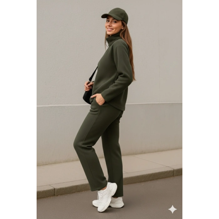 Kadın Balıkçı Yaka Fermuar Detay Polar Sweat Ve Pantolon Ikili Takım