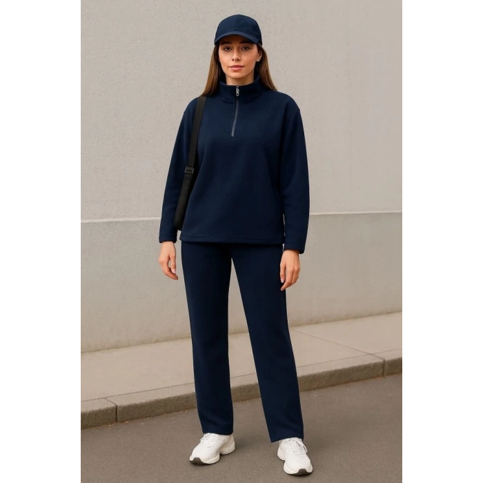 Kadın Balıkçı Yaka Fermuar Detay Polar Sweat Ve Pantolon Ikili Takım