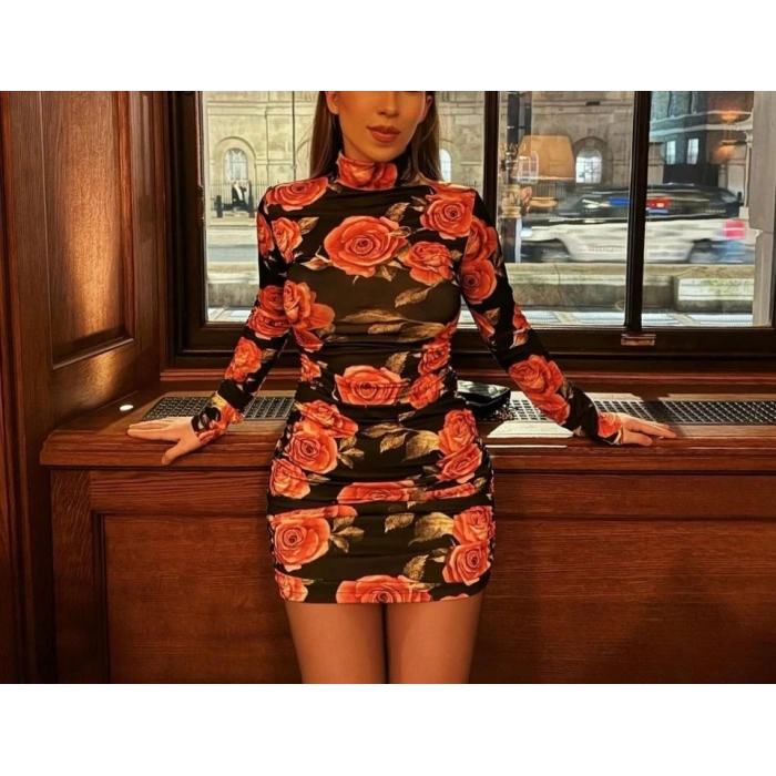 Kadın Balıkçı Yaka Gül Baskılı Fırsat ürün Mini Elbise