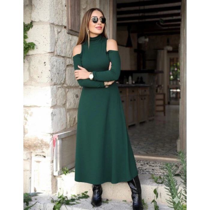 Kadın Balıkçı Yaka Omuzlardan Açık Uzun Kollu Janjan Krep Elbise