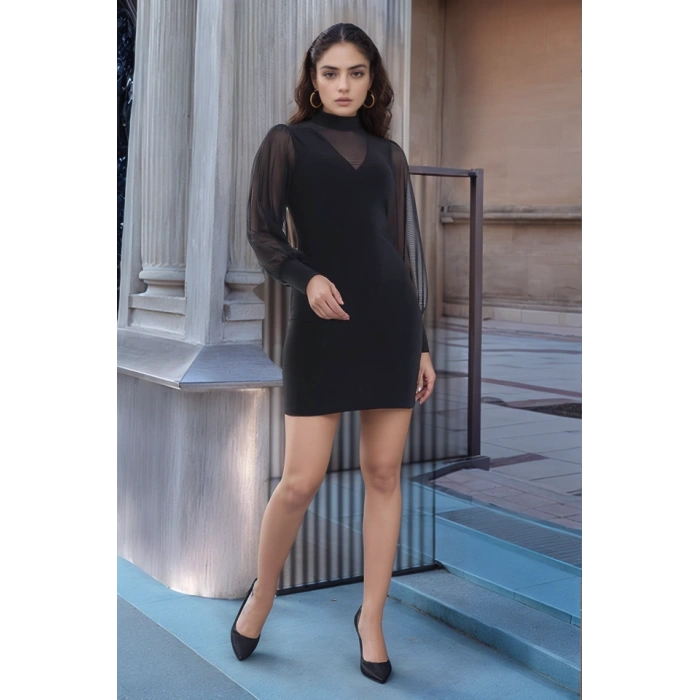 Kadın Balıkçı Yaka Transparan Detay Fırsat ürün Sandy Kumaş Mini Elbise