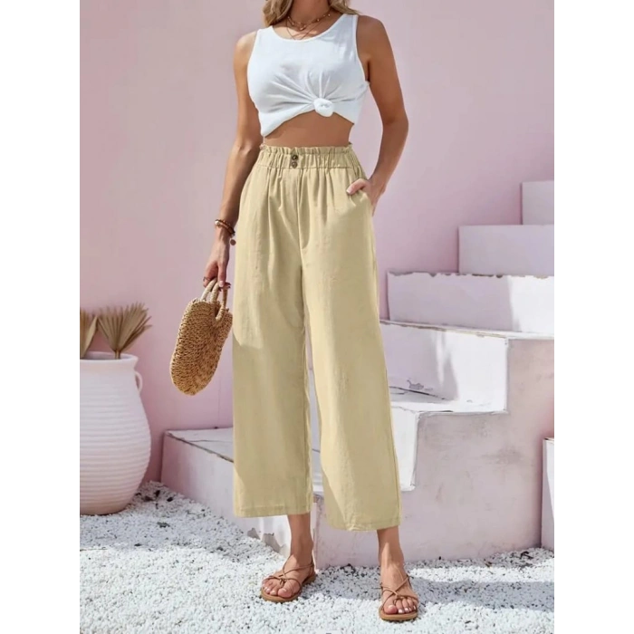 Kadın Bel Büzgü Ve Düğme Detay Kapri Keten Pantolon