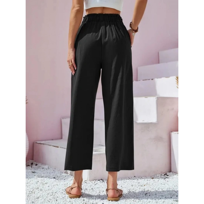 Kadın Bel Büzgü Ve Düğme Detay Kapri Keten Pantolon