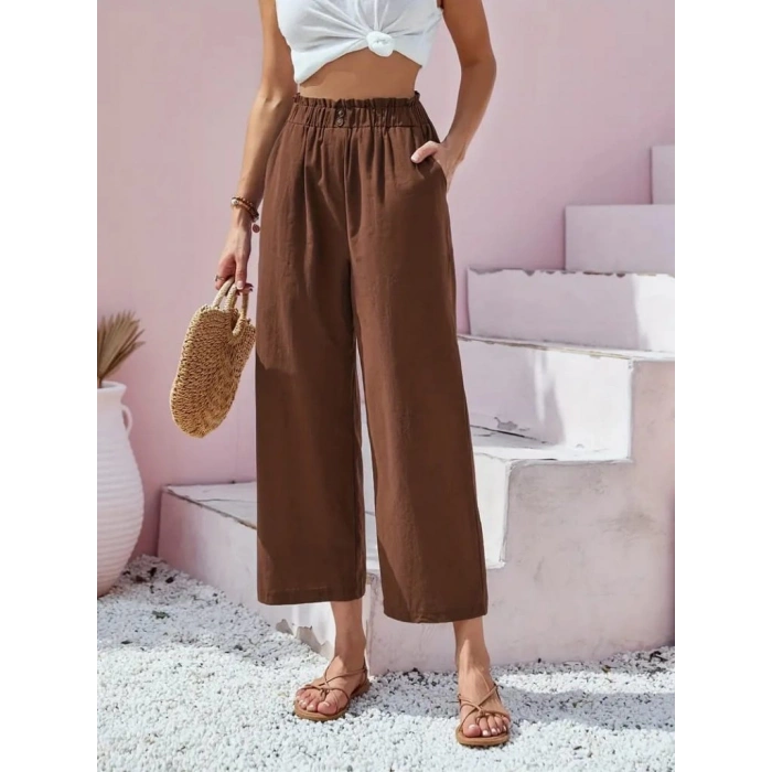Kadın Bel Büzgü Ve Düğme Detay Kısa Geniş Paça Keten Pantolon
