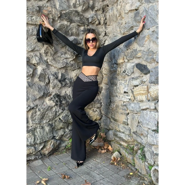 Kadın Belde Kruvaze Ve Ribana Detay Ispanyol Paça Ithal Krep Pantolon