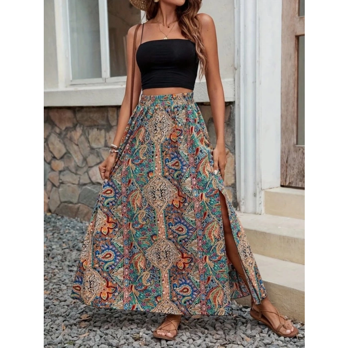 Kadın Beli Büzgülü Yandan Yırtmaçlı Desenli Süprem Etek