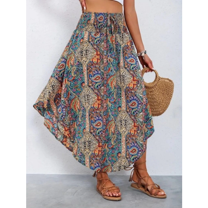 Kadın Beli Lastikli Bağcıklı Asimetrik Kesim Detaylı Desenli Bürümcük Etek