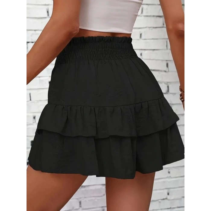 Kadın Beli Lastikli Eteği Fırfırlı Mini Etek