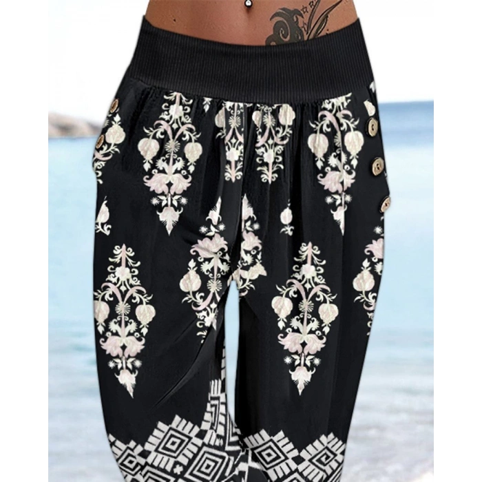 Kadın Beli Lastikli Etnik Desenli Kapri Süprem Pantolon
