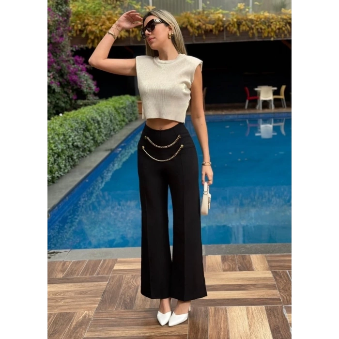 Kadın Beli Zincir Detay Ithal Krep Pantolon