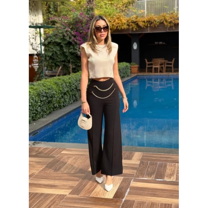 Kadın Beli Zincir Detay Ithal Krep Pantolon