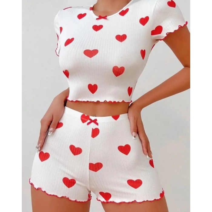 Kadın Beyaz Fiyonk Desenli Seksi Gecelik Takım 5007