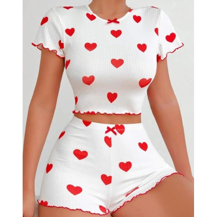 Kadın Beyaz Fiyonk Desenli Seksi Gecelik Takım 5007