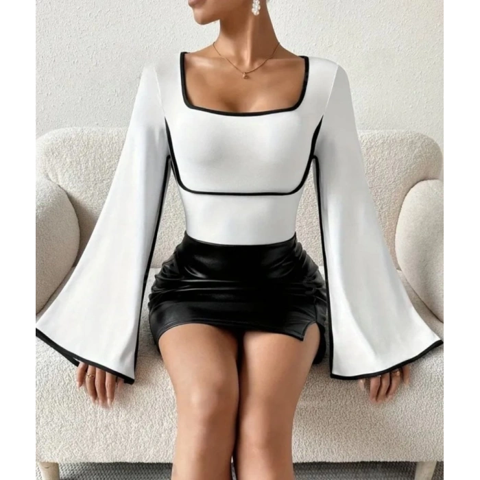 Kadın U Yaka Siyah şerit Detyalı Yarasa Kol Dalgıç Kumaş Arabiyeli Bluz