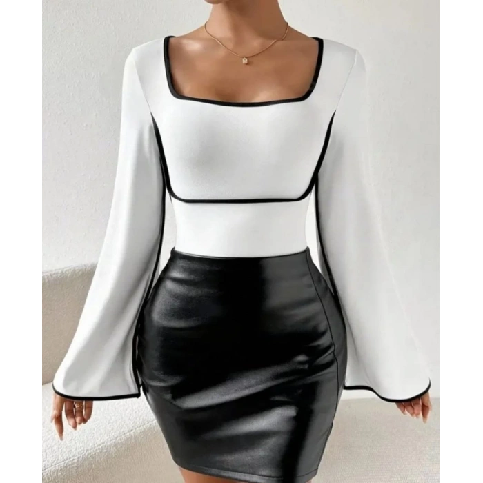 Kadın U Yaka Siyah şerit Detyalı Yarasa Kol Dalgıç Kumaş Arabiyeli Bluz