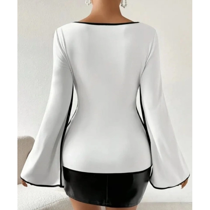 Kadın U Yaka Siyah şerit Detyalı Yarasa Kol Dalgıç Kumaş Arabiyeli Bluz