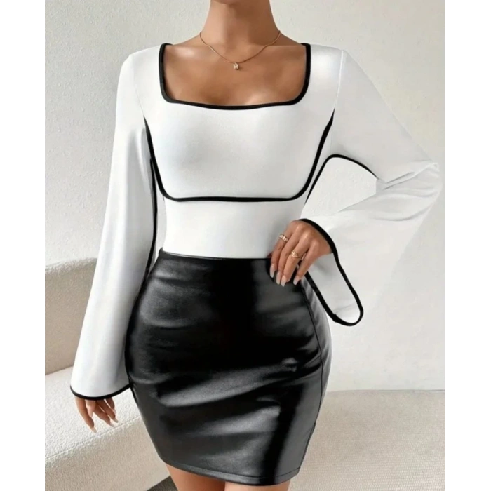 Kadın U Yaka Siyah şerit Detyalı Yarasa Kol Dalgıç Kumaş Arabiyeli Bluz