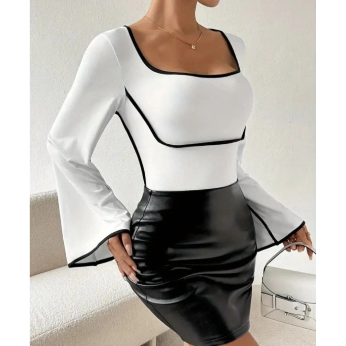 Kadın U Yaka Siyah şerit Detyalı Yarasa Kol Dalgıç Kumaş Arabiyeli Bluz