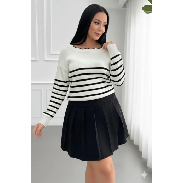 Kadın Beyaz Sırt Bağlama Detaylı çizgi Desen Triko Bluz