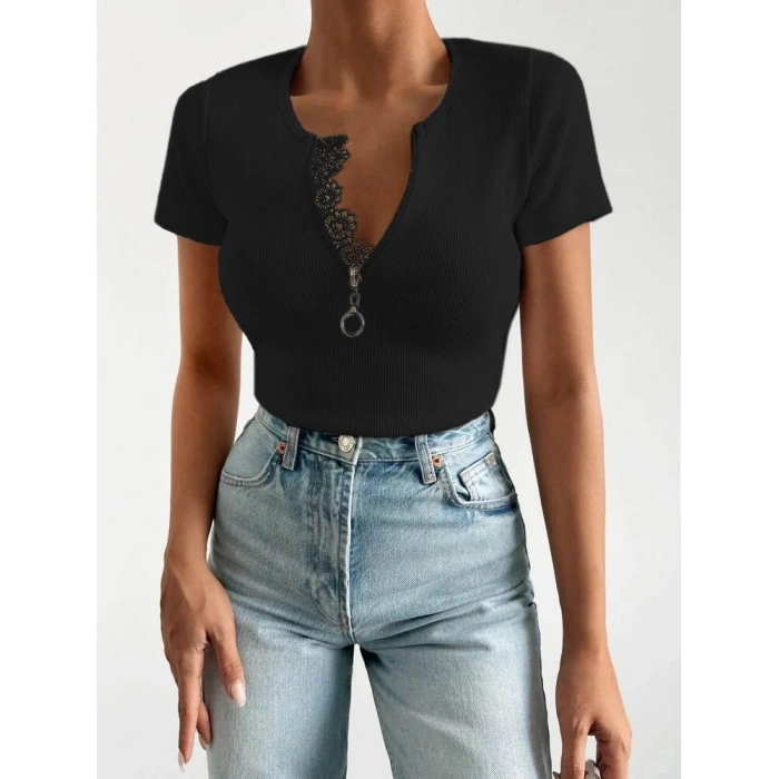 Kadın Beyaz Yaka Dantel Ve Fermuarlı Kaşkorse Bluz