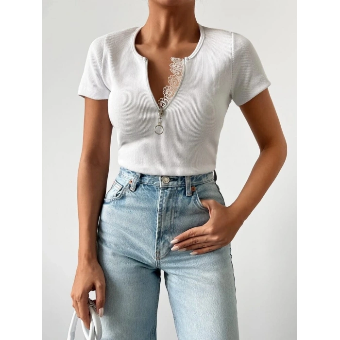 Kadın Beyaz Yaka Dantel Ve Fermuarlı Kaşkorse Bluz