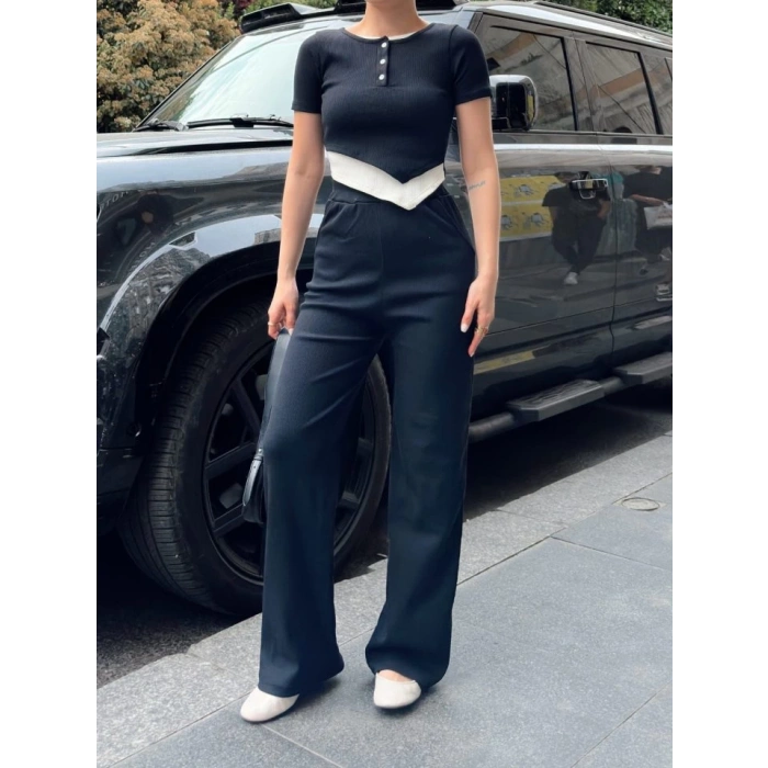 Kadın Bisiklet Yaka Asimetrik Kesim Atlet Detay Bluz Ve Yüksek Bel Bol Paça Pantolon Ikili Takım