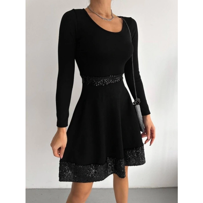 Kadın Bisiklet Yaka Beli Ve Eteği Pul Payet Detay Fırsat ürün Diz üstü Elbise