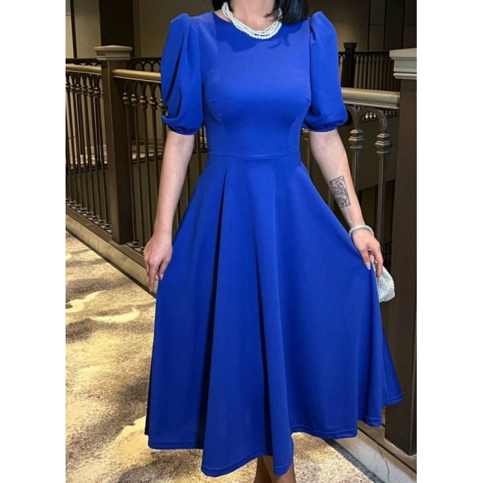 Kadın Bisiklet Yaka Kısa Kol Lastik Detay Uzun Elbise