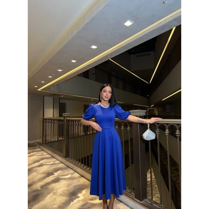 Kadın Bisiklet Yaka Kısa Kol Lastik Detay Uzun Elbise