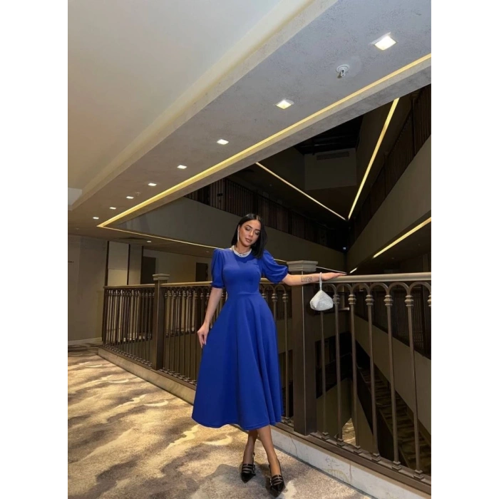 Kadın Bisiklet Yaka Kısa Kol Lastik Detay Uzun Elbise