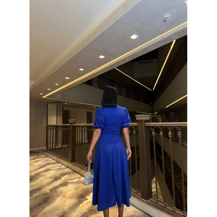 Kadın Bisiklet Yaka Kısa Kol Lastik Detay Uzun Elbise